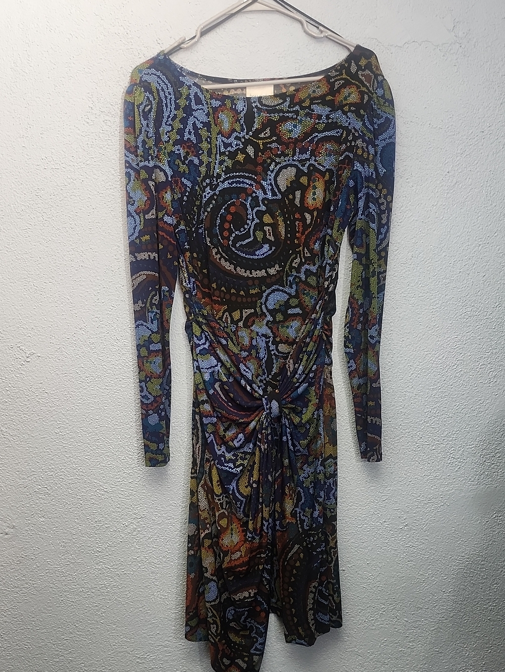 Donna Morgan Paisley Long-Sleeve Knot-Front Dress in Black and Blue
